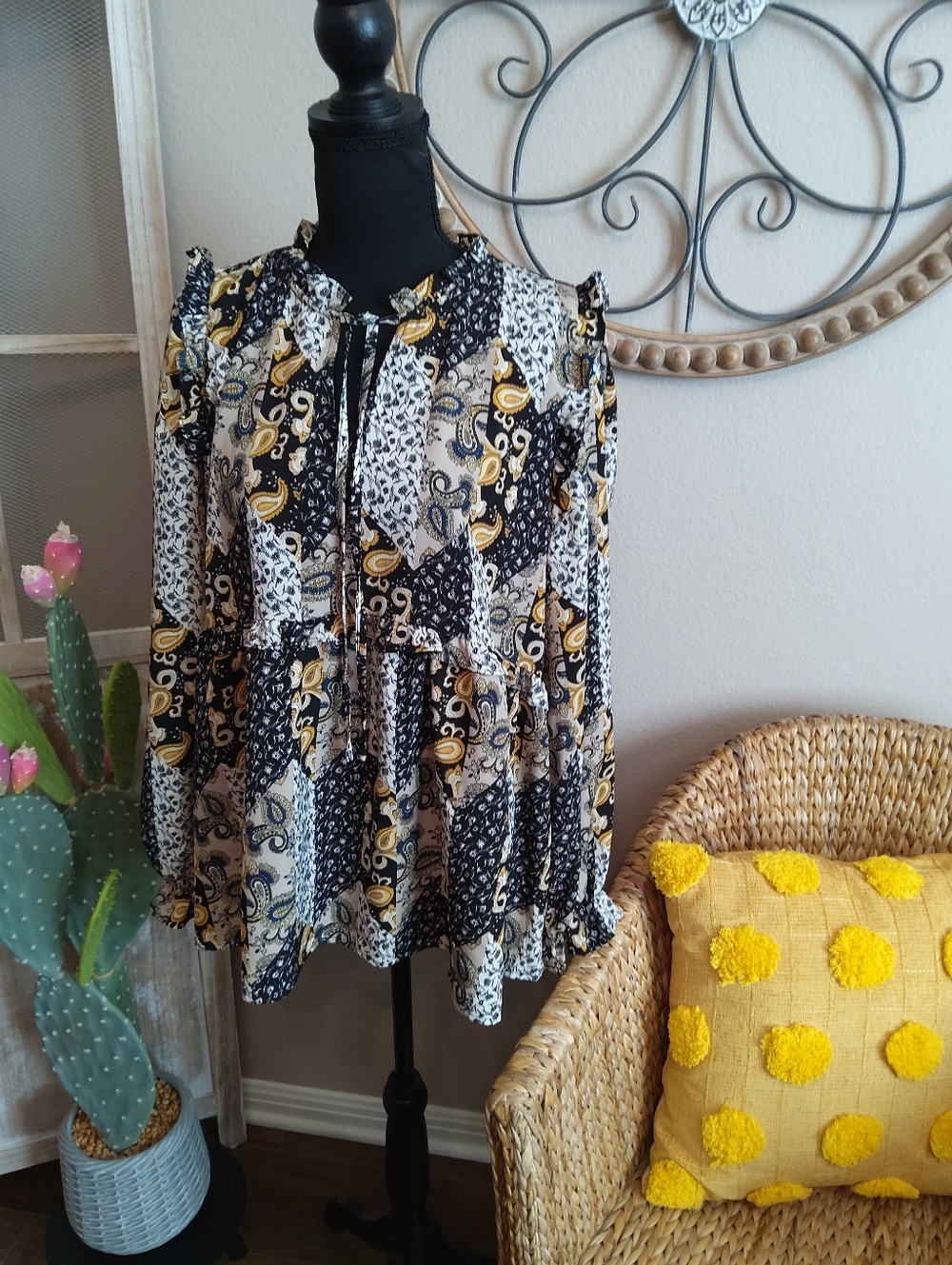 Umgee Black, White & Mustard Patchwork Long-sleeve Top